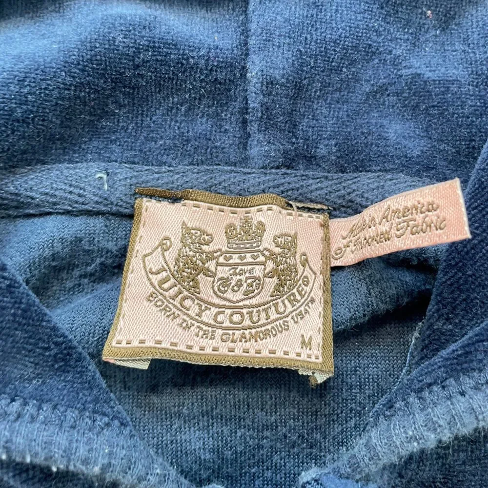 Juicy Couture Women's Navy Velour Zip-Up Hoodie Kangaroo Pockets Dog Logo Size M